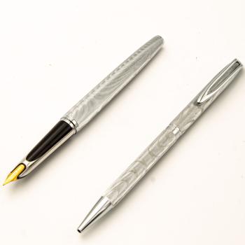 Waterman CF Set 1950s vintage Füller + Kugelschreiber Silver Moire 14K F