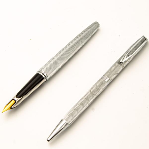 Waterman CF Set 1950s vintage Füller + Kugelschreiber Silver Moire 14K F